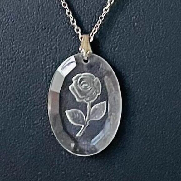 Vintage Gorham Crystal Rose Intaglio Pendant Necklace - Picture 1 of 2